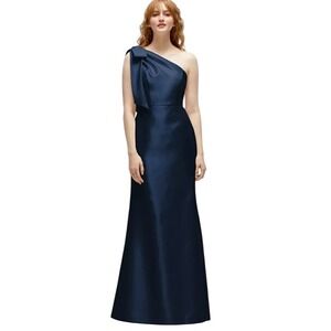 NWT Alfred Sung Midnight Blue One Shoulder Bow Maxi Dress Size 00R Mermaid Gown